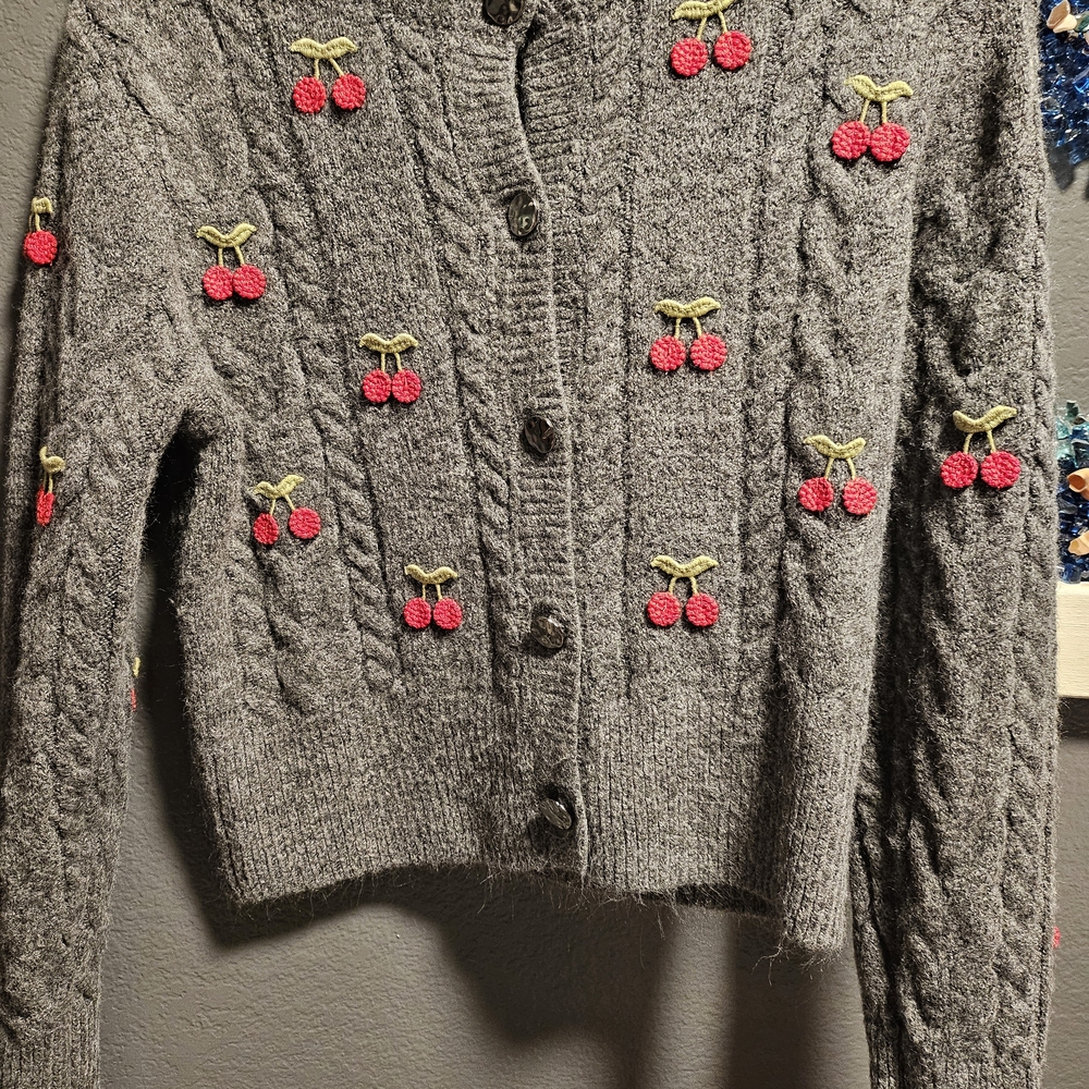 Gray Cherry Embroidered Women's Sweater